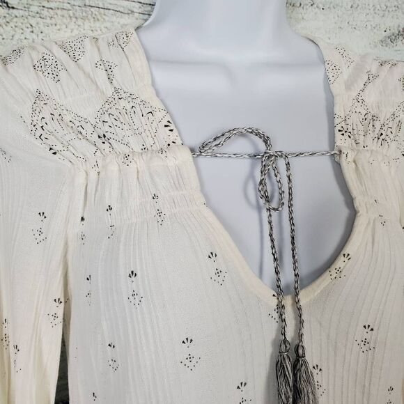 Lucky Brand White Boho Peasant Blouse Women’s Small Tassel Tie Long Sleeve - Picture 3 of 7